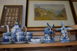 Blue and white coffee pot and six cups and saucers