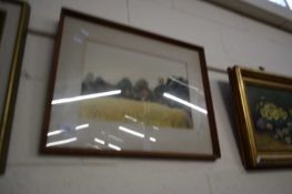 20th Century school study of village scene with harvest field in foreground