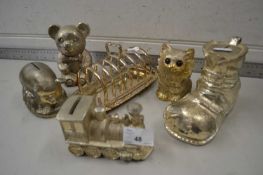 Mixed Lot: Various silver plated money boxes, toast rack etc