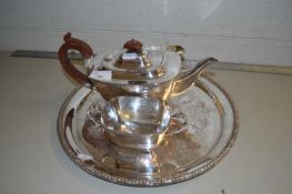 Silver plated three piece tea set and tray