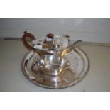 Silver plated three piece tea set and tray