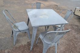 Metal industrial style cafe table and four chairs, table top 80cm square