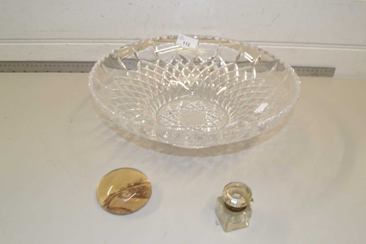 Cut glass bowl, small paperweight and an ink well