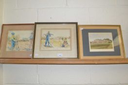 A Parnell, pair of studies of harvest scenes together with a coloured engraving Gunton Park