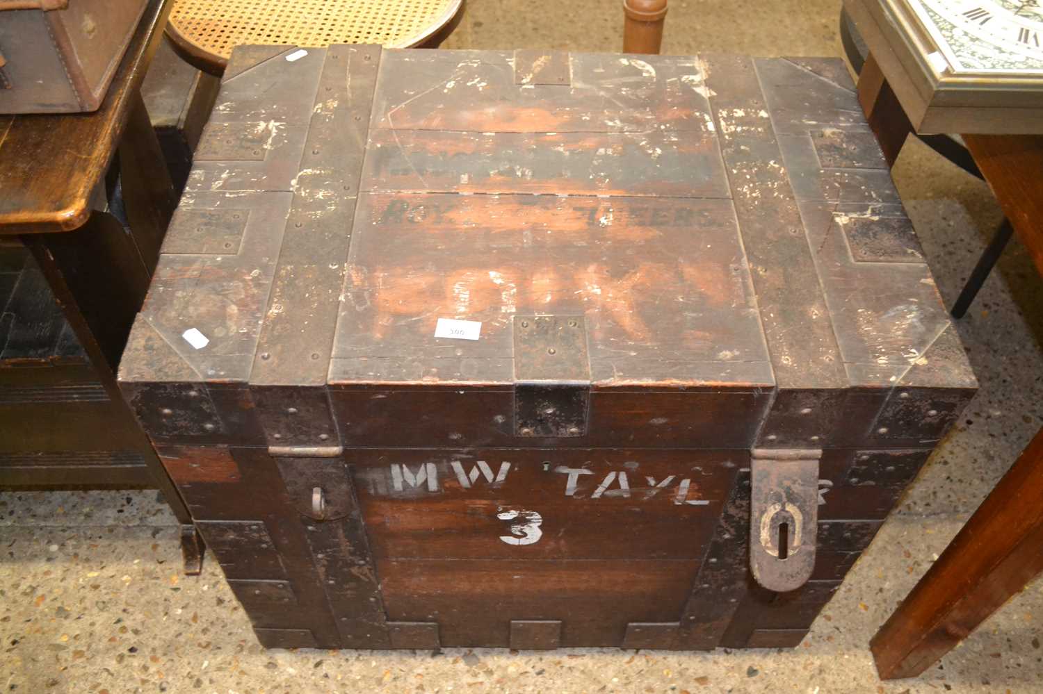 Vintage metal bound hardwood silver chest with green baize lined interior