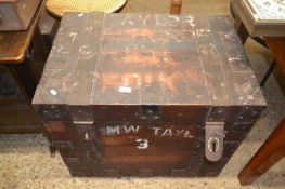 Vintage metal bound hardwood silver chest with green baize lined interior