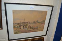 Early 20th Century school study of fisherman at riverside dock, pen and watercolour, framed and