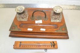 Oak desk stand with clear glass ink bottles and silver plated mounts