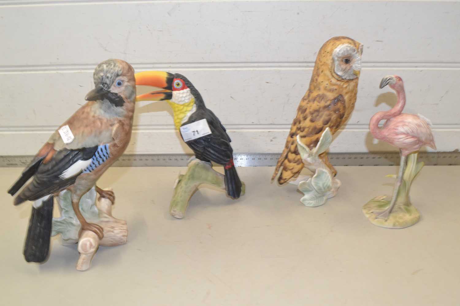 Goebel bird models, Toucan, Jay, Barn Owl and a Flamingo, largest 23cm high (4)