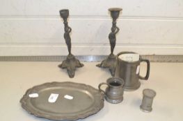 Mixed Lot: Pewter wares comprising a pair of candlesticks, tankards and a plate