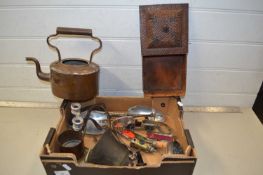 Box of mixed items, small copper kettle, brass bell, small binoculars, nut crackers etc