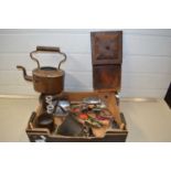 Box of mixed items, small copper kettle, brass bell, small binoculars, nut crackers etc