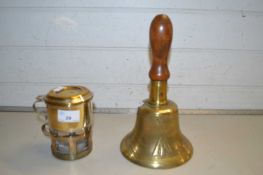 Vintage brass hand bell together with a small coffee percolator