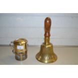 Vintage brass hand bell together with a small coffee percolator