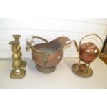 Mixed Lot: Pair of brass candlesticks, copper spirit kettle and a copper coal bucket