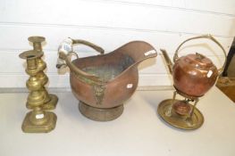 Mixed Lot: Pair of brass candlesticks, copper spirit kettle and a copper coal bucket