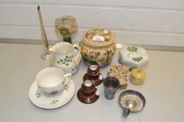 Mixed Lot: Tony wood covered jar, various tea wares, polished stone trinket box etc