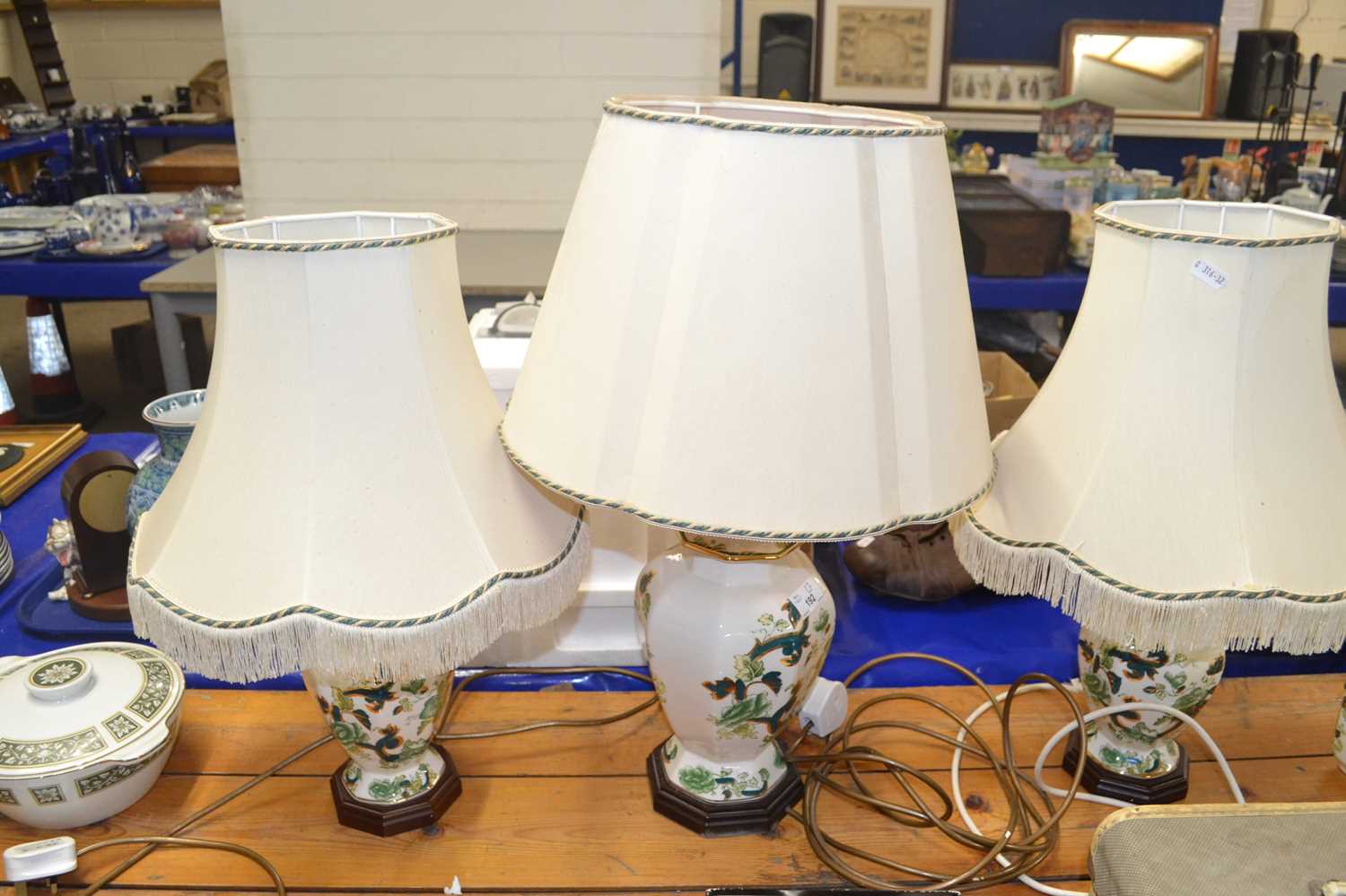 Pair of Masons Chartreuse table lamps together with another larger similar example (3)