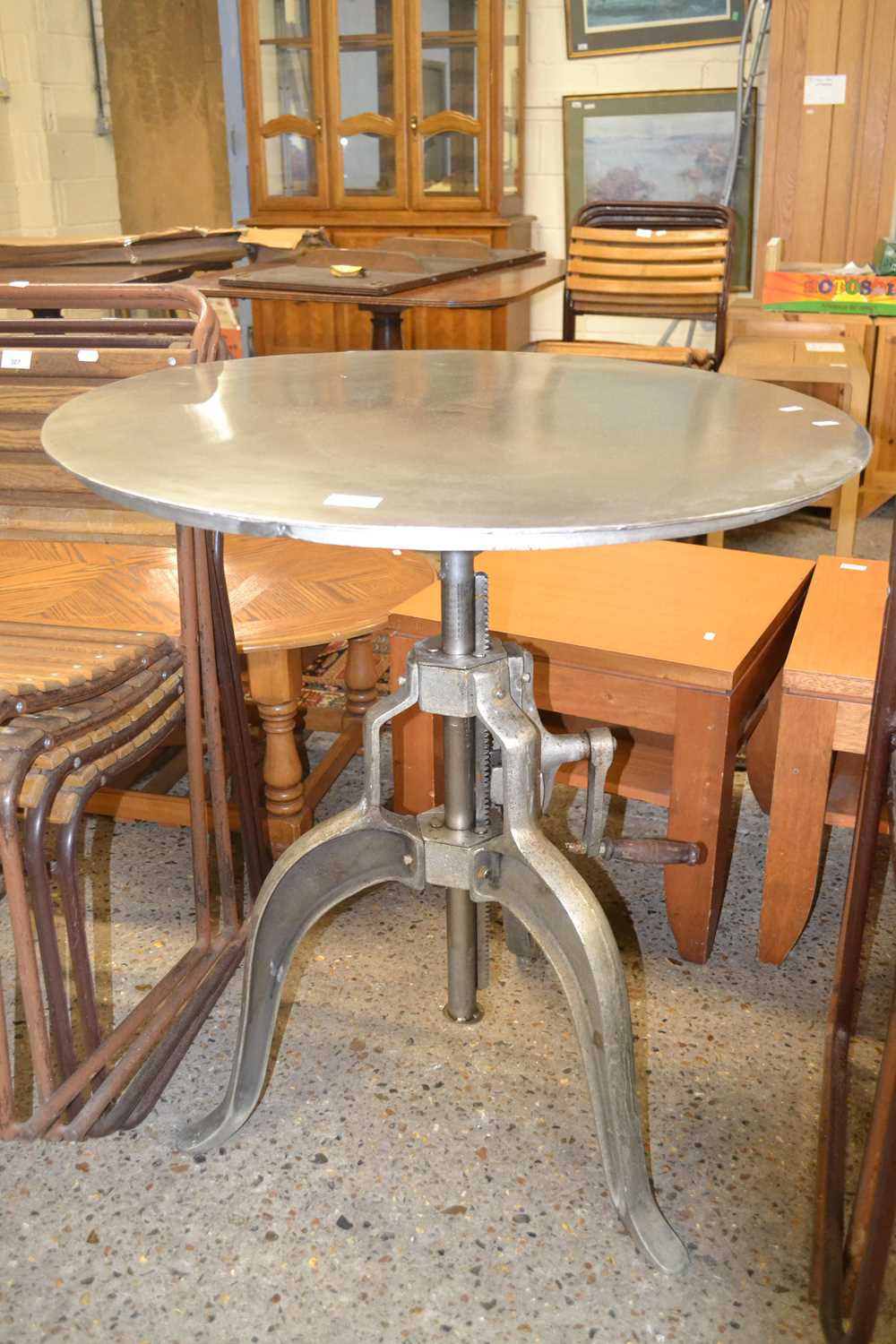 Industrial circular topped steel table with adjustable height, top 77cm wide