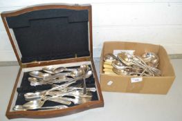 A case of assorted cutlery together with a box of various loose cutlery