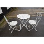 Metal framed and tile topped table and two chairs (3)