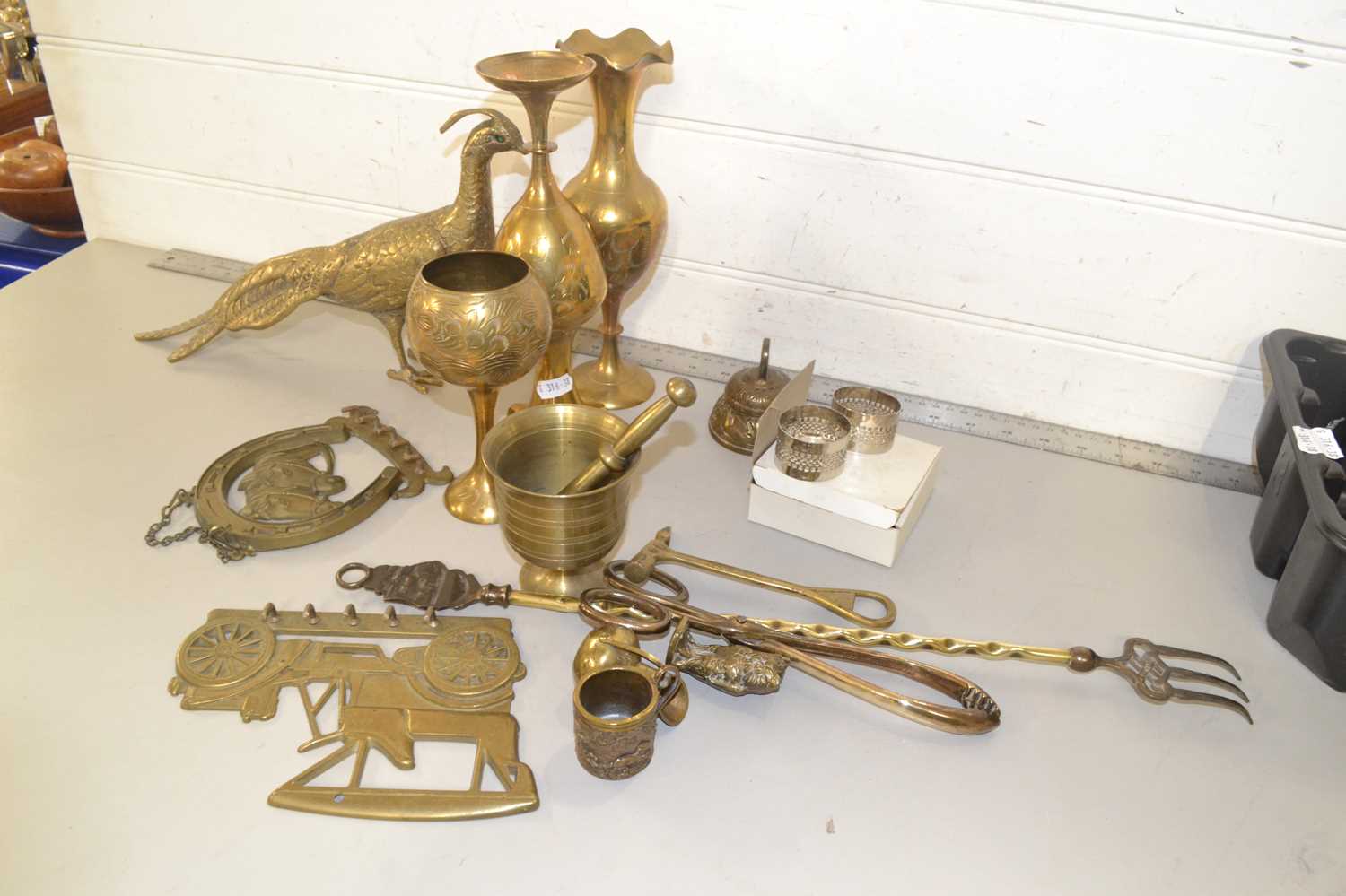 Mixed Lot: Various brass wares to include goblets, large model Pheasant and other assorted items