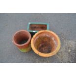 Mixed Lot: Two terracotta plant pots and a further green glazed planter (3)