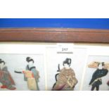 Japanese needlework montage picture of seven figures in traditional dress, framed and glazed, 64cm