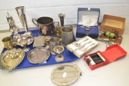 Mixed Lot: Various silver plated and other metal wares to include sugar caster, vases, tankards,