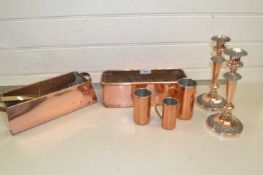 Mixed Lot: Two small copper planters, pair of candlesticks, small measures etc