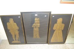 Group of three brass rubbing type pictures of medieval figures, framed and glazed