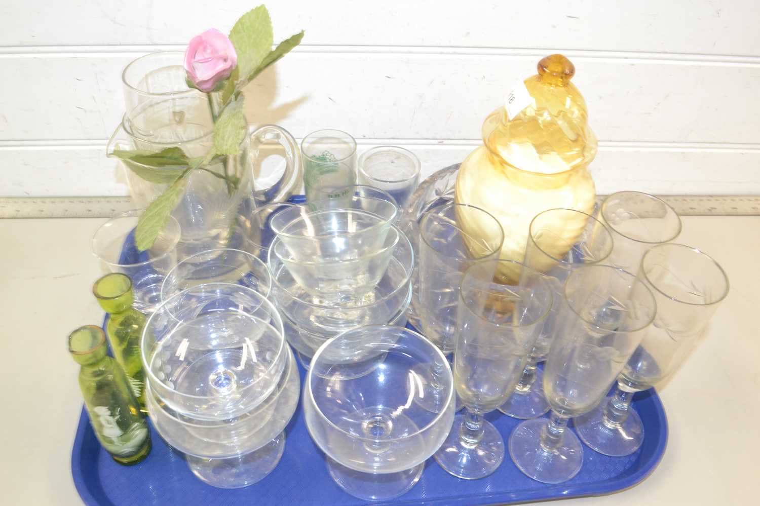 Tray of various assorted drinking glasses and other items