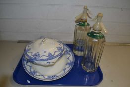 Mixed Lot: Two vintage soda siphons and a blue and white meat plate and vegetable dish (4)