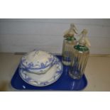 Mixed Lot: Two vintage soda siphons and a blue and white meat plate and vegetable dish (4)