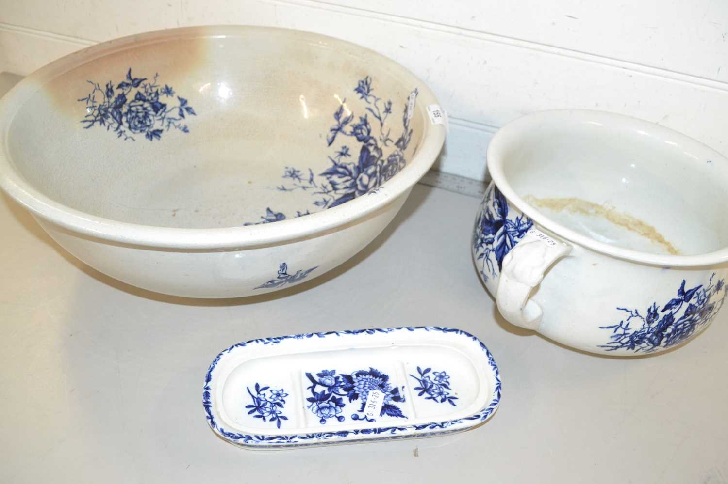 Blue and white wash bowl, chamber pot and soap dish