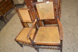 Early 20th Century cane and barley twist framed armchair and similar side chair (2)