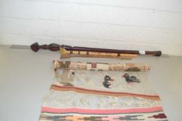 Mixed Lot: Hardwood walking stick, back scratchers and loom weaving sample