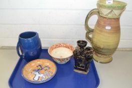 Tray of mixed ceramics to include a large Art Deco style jug, a Brannam blue glazed jug and other
