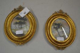 Pair of small continental landscapes set in pierced brass frames
