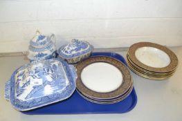 Mixed Lot: Gilt decorated Solian bowls and plates, Willow pattern vegetable dish and sauce terrine