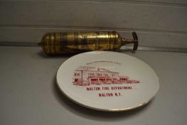 Vintage Pyrene fire extinguisher together with a decorative plate from the Walton Fire Department