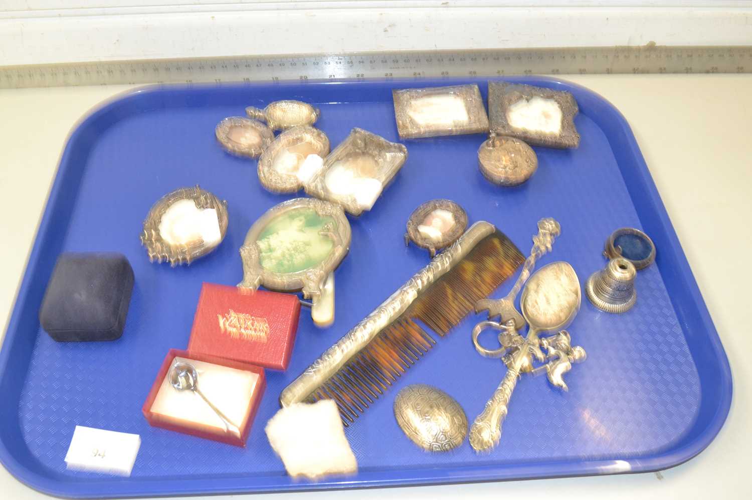 Mixed Lot: Small silver plated miniature photograph frames, silver backed comb and other assorted