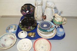 Tray of mixed wares to include lustre decorated vases, Wedgwood Jasper ware items etc