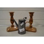 Pair of 19th Century copper candlesticks together with a small silver plated jug