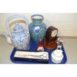 Mixed Lot: Modern Oriental vase and kettle, a quartz mantel clock, asparagus tongs and other