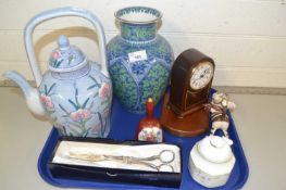 Mixed Lot: Modern Oriental vase and kettle, a quartz mantel clock, asparagus tongs and other