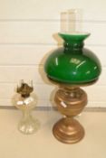 Brass based oil lamp with green glass shade plus one other (2)