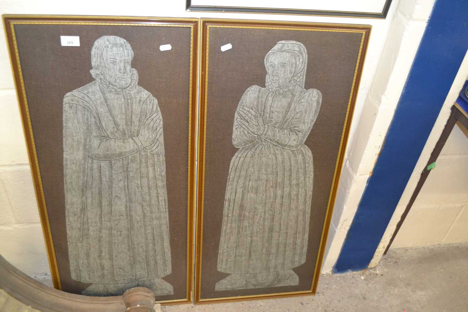 Pair of brass rubbing type pictures, medieval lady and gent