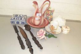 Mixed Lot: Various assorted ceramics, hardwood salad servers, porcelain model rose etc