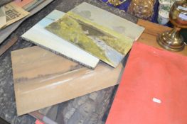 Red folder containing various unframed oil studies, variety of subjects